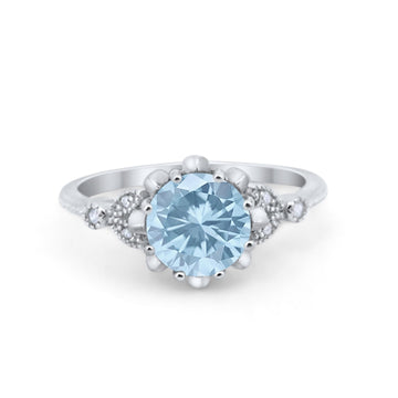 Art Deco Design Fashion Ring Round Simulated Aquamarine CZ 925 Sterling Silver